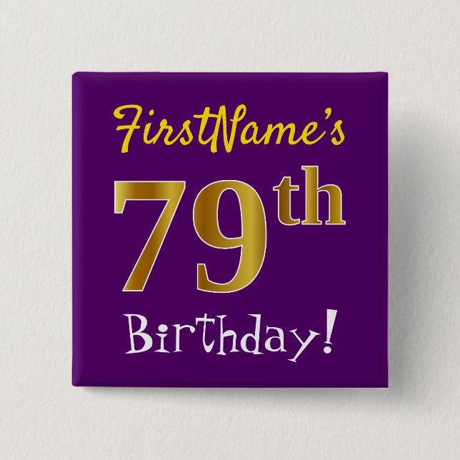 Badge Carré 5 Cm Purple, Faux Gold 79e Anniversaire, Avec Nom Perso (Devant)