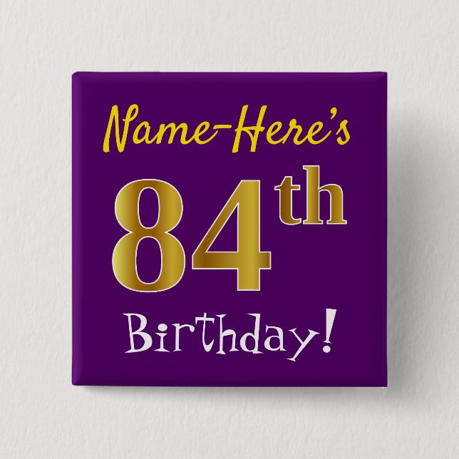 Badge Carré 5 Cm Purple, Faux Gold 84ème Anniversaire, Avec Nom Per (Devant)