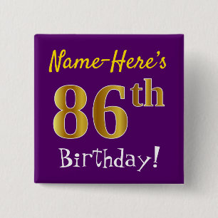 Badge Carré 5 Cm Purple, Faux Gold 86ème Anniversaire, Avec Nom Per