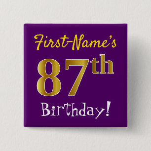 Badge Carré 5 Cm Purple, Faux Gold 87e Anniversaire, Avec Nom Perso