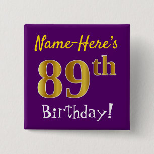 Badge Carré 5 Cm Purple, Faux Gold 89ème Anniversaire, Avec Nom Per