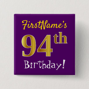 Badge Carré 5 Cm Purple, Faux Gold 94ème Anniversaire, Avec Nom Per