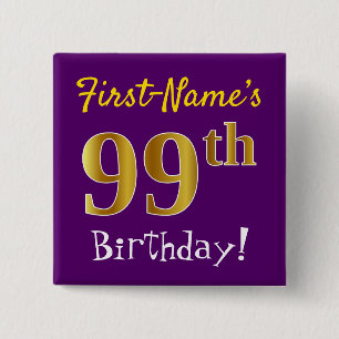 Badge Carré 5 Cm Purple, Faux Gold 99ème Anniversaire, Avec Nom Per