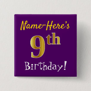 Badge Carré 5 Cm Purple, Faux Gold 9e anniversaire, avec nom person