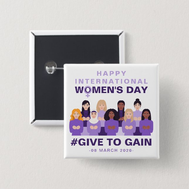 Badge Carré 5 Cm Purple Give To Gain International Women's Day 2026 (Devant & derrière)