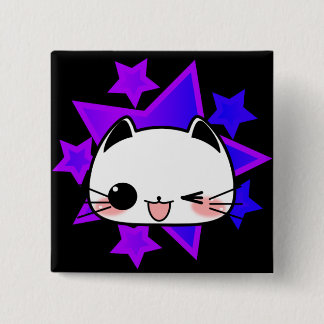 Badge Carré 5 Cm Purple stars. White cat.
