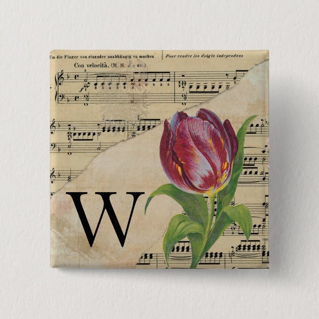 Badge Carré 5 Cm Purple Tulip Sheet Music Monogram Initial W (Devant)