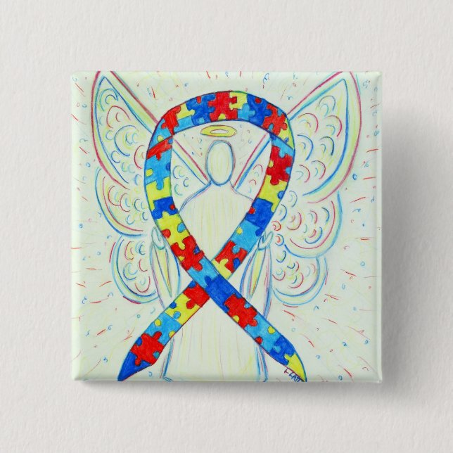 Badge Carré 5 Cm Puzzle Angel Sensibilisation sur l'autisme Ruban A (Devant)