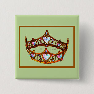 Badge Carré 5 Cm Queen of Hearts Gold Crown Tiara ment vert bouton