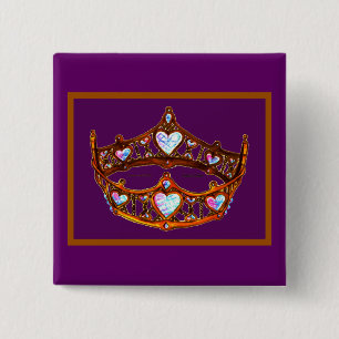 Badge Carré 5 Cm Queen of Hearts Gold Crown Tiara royal violet pin