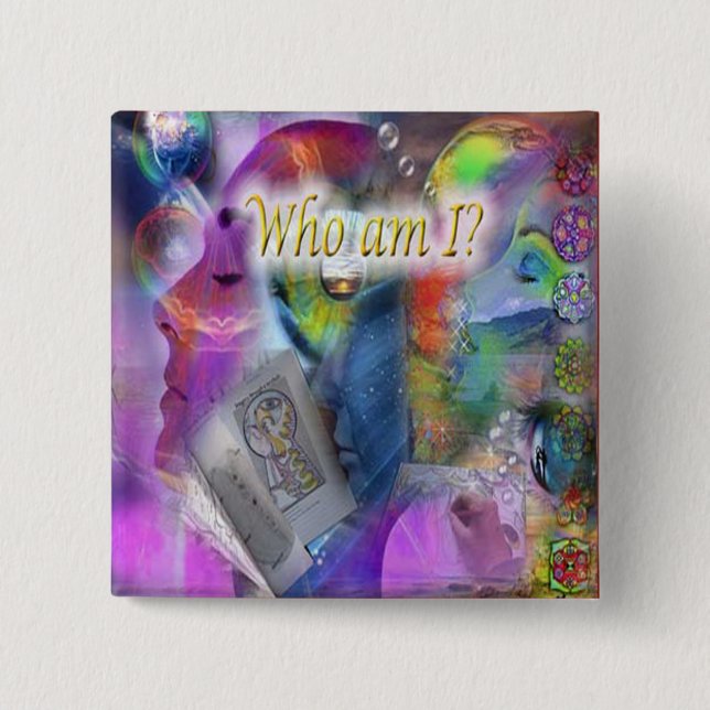 Badge Carré 5 Cm Qui suis-je Bouton (Devant)