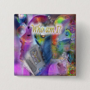 Badge Carré 5 Cm Qui suis-je Bouton