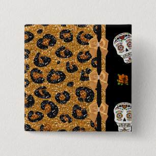 Badge Carré 5 Cm RAB Rockabilly Gold Leopard Print Sugar Skulls