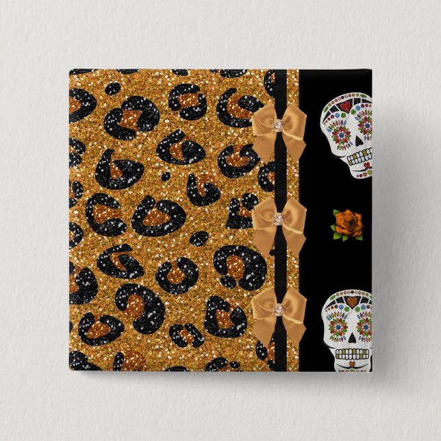 Badge Carré 5 Cm RAB Rockabilly Gold Leopard Print Sugar Skulls (Devant)