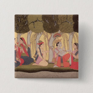 Badge Carré 5 Cm Radha et Krishna posés dans un verger, Kulu