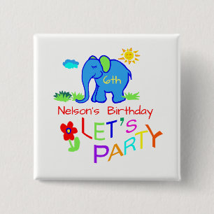 Badge Carré 5 Cm Rainbow Let's Party Elephant Name & Age Birthday