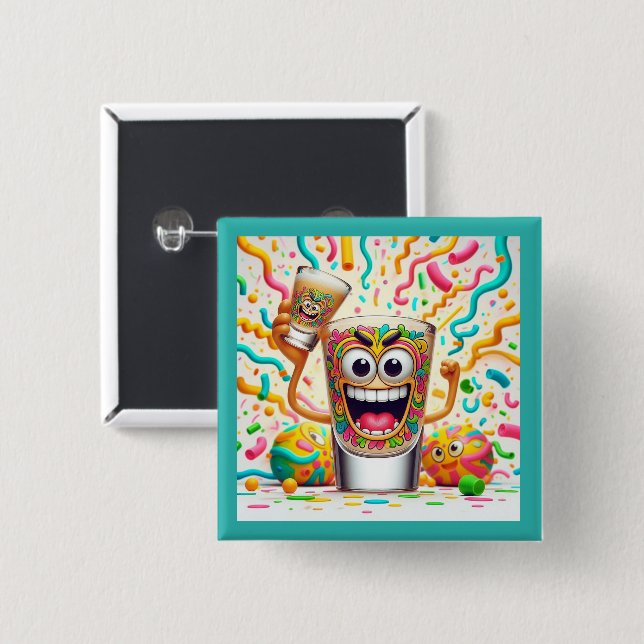 Badge Carré 5 Cm Rave Party Shot Glass – vibrant Fun  (Devant & derrière)
