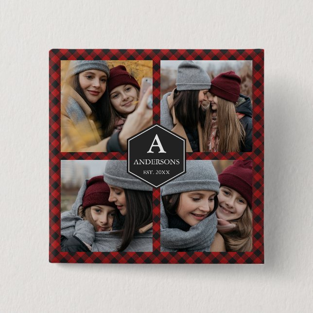 Badge Carré 5 Cm Red Buffalo Plaid Lumberjack Family Photo Collage (Devant)