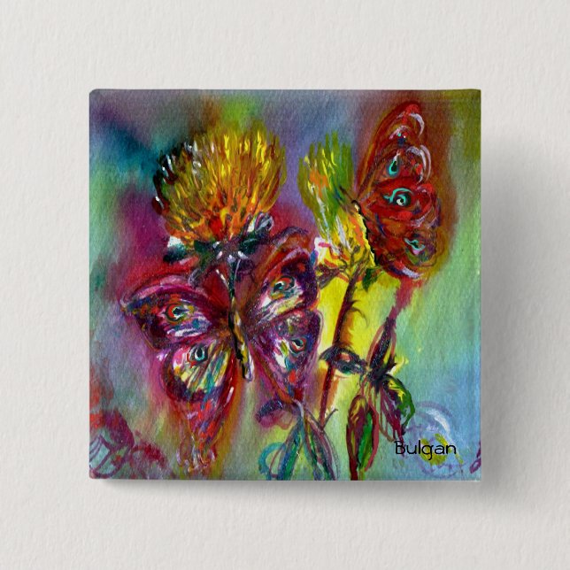 Badge Carré 5 Cm RED BUTTERFLIES ON YELLOW THISTLES,BLUE SKY Floral (Devant)