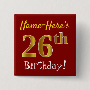 Badge Carré 5 Cm Red, Faux Gold 26th Birthday, With Custom Name