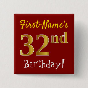 Badge Carré 5 Cm Red, Faux Gold 32nd Birthday, With Custom Name