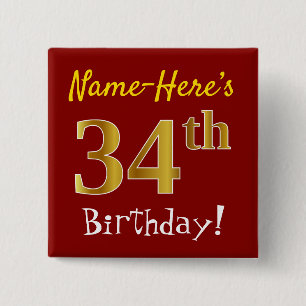 Badge Carré 5 Cm Red, Faux Gold 34th Birthday, With Custom Name