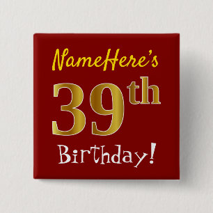 Badge Carré 5 Cm Red, Faux Gold 39th Birthday, With Custom Name