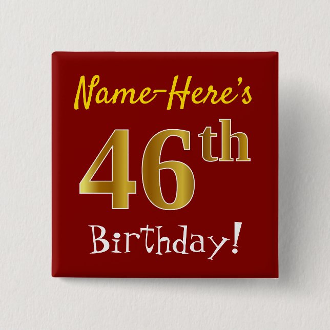 Badge Carré 5 Cm Red, Faux Gold 46th Birthday, With Custom Name (Devant)
