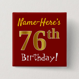 Badge Carré 5 Cm Red, Faux Gold 76th Birthday, With Custom Name
