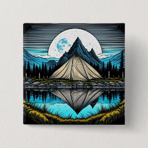 Badge Carré 5 Cm Réflexion d'une tente sur le lac dans les montagne