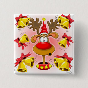 Badge Carré 5 Cm Reindeer amusant Caricature de Noël avec cloches A
