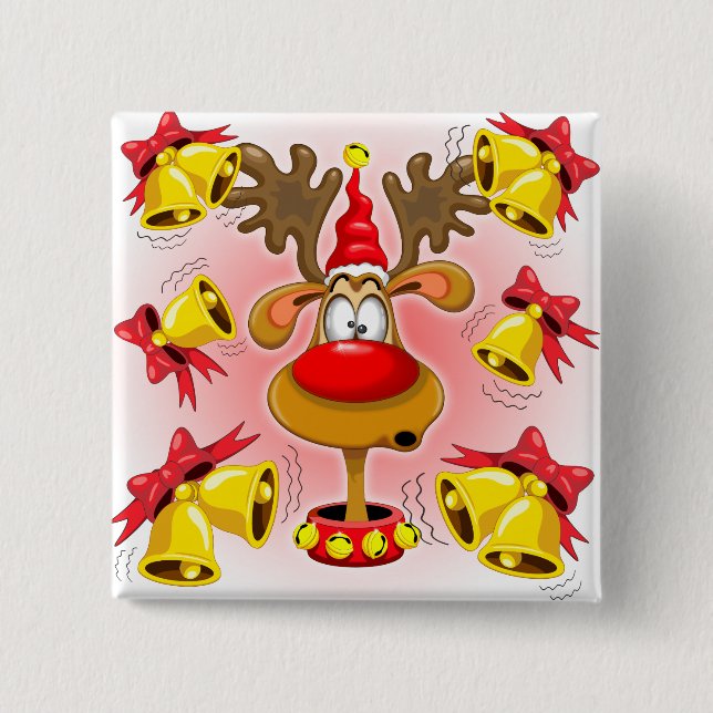 Badge Carré 5 Cm Reindeer amusant Caricature de Noël avec cloches A (Devant)