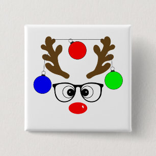 Badge Carré 5 Cm Reindeer de Noël avec de grandes lunettes et ornem