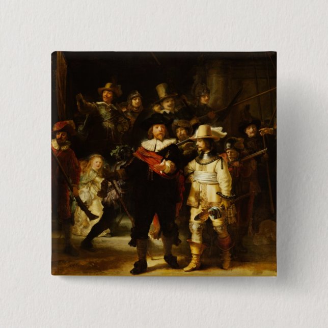 Badge Carré 5 Cm Rembrandt Nightwatch Night Watch Peinture baroque (Devant)