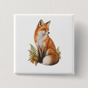 Badge Carré 5 Cm Renard roux vigilant avec fougères de forêt