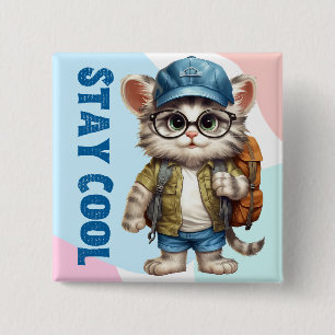 Badge Carré 5 Cm Restez Cool Chat Portant Des Lunettes Casquette Re
