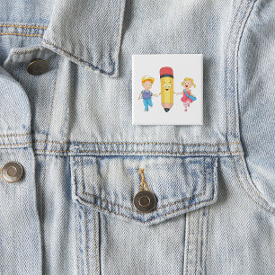 Badge Carré 5 Cm Retour à la caricature scolaire Joyeux crayon et e