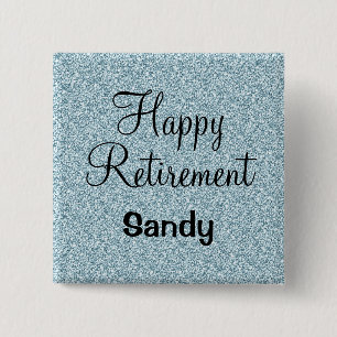 Badge Carré 5 Cm Retraite heureuse glamour Bleu Paillettes Argentée