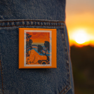 Badge Carré 5 Cm Retro Sunset Forest Paysage Abstrait