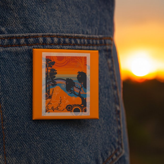 Badge Carré 5 Cm Retro Sunset Forest Paysage Abstrait (Créateur téléchargé)