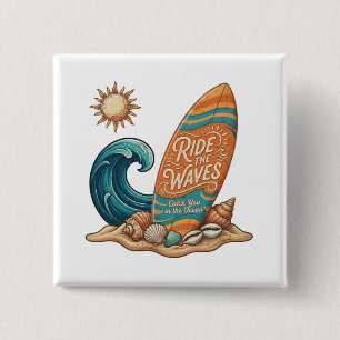 Badge Carré 5 Cm Ride the Waves Surfboard Illustration - Tropical B