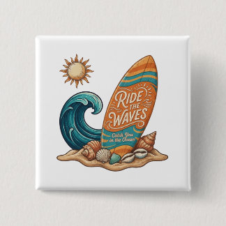 Badge Carré 5 Cm Ride the Waves Surfboard Illustration - Tropical B