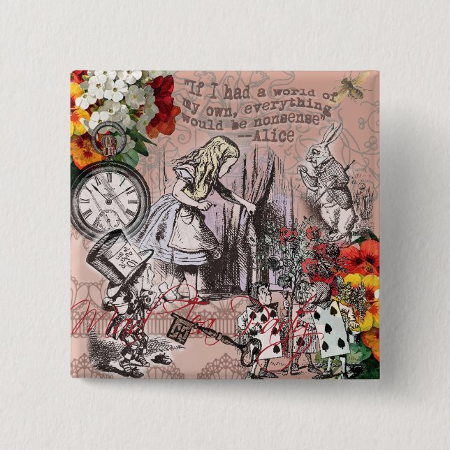 Badge Carré 5 Cm rideau d'alice nonsense pays des merveilles (Devant)