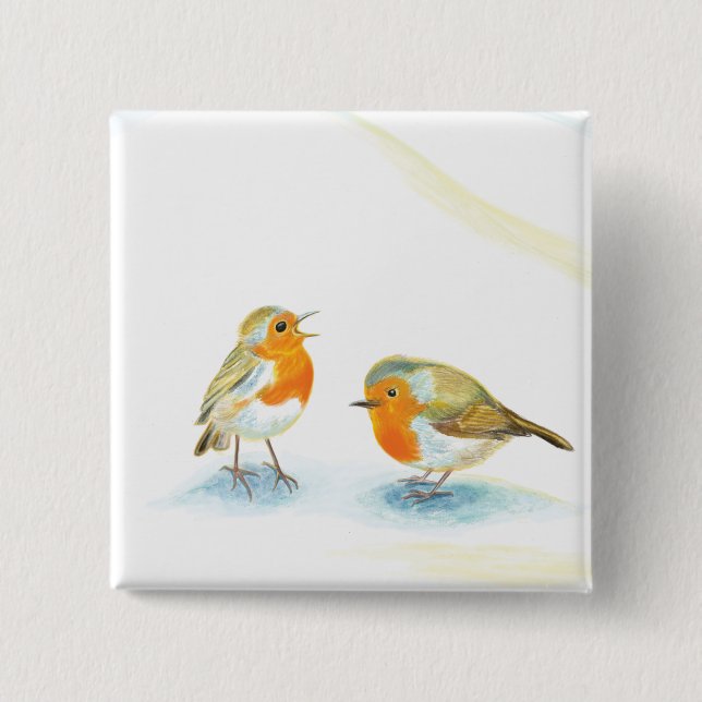 Badge Carré 5 Cm Robins rouges en hiver (Devant)