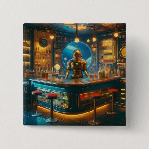 Badge Carré 5 Cm Robot Barman dans le bar interstellaire démodé de