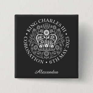 Badge Carré 5 Cm Roi Charles III Nom personnalisé Logo blanc