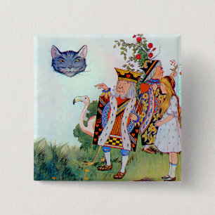 Badge Carré 5 Cm Roi et reine des coeurs, Alice et le chat de