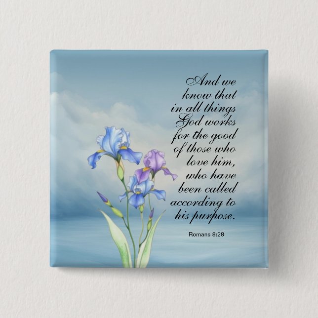 Badge Carré 5 Cm Romans 8:28 Aquarelle Iris  (Devant)