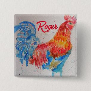 Badge Carré 5 Cm Rooster rouge aquarelle peinture art poulet