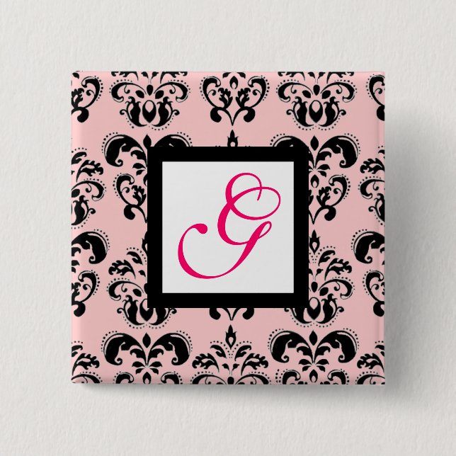 Badge Carré 5 Cm ROSE BLACK DAMASK CARRÉ BLANC MONOGRAM Fuchsia (Devant)